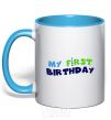 Mug with a colored handle My first birthday sky-blue фото