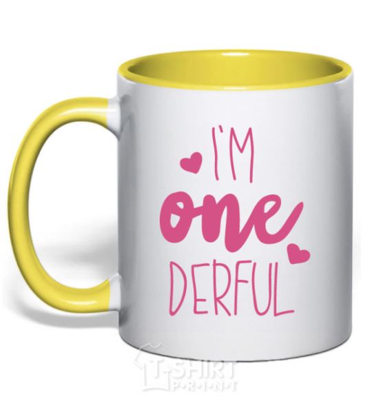 Mug with a colored handle I am ONEderful yellow фото