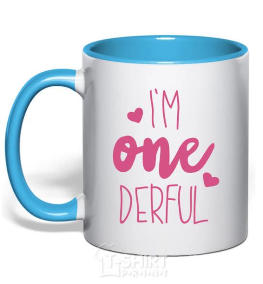 Mug with a colored handle I am ONEderful sky-blue фото