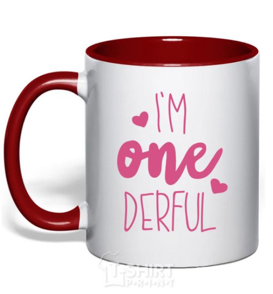 Mug with a colored handle I am ONEderful red фото