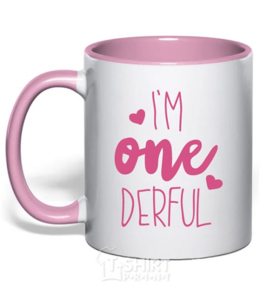 Mug with a colored handle I am ONEderful light-pink фото