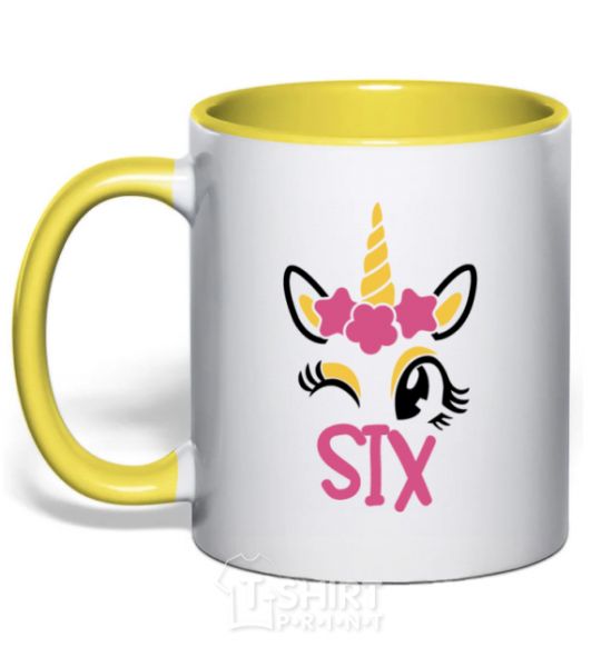 Mug with a colored handle Six unicorn yellow фото