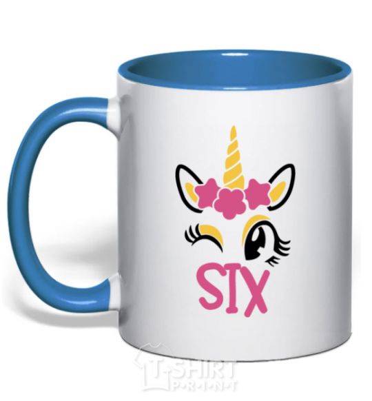 Mug with a colored handle Six unicorn royal-blue фото