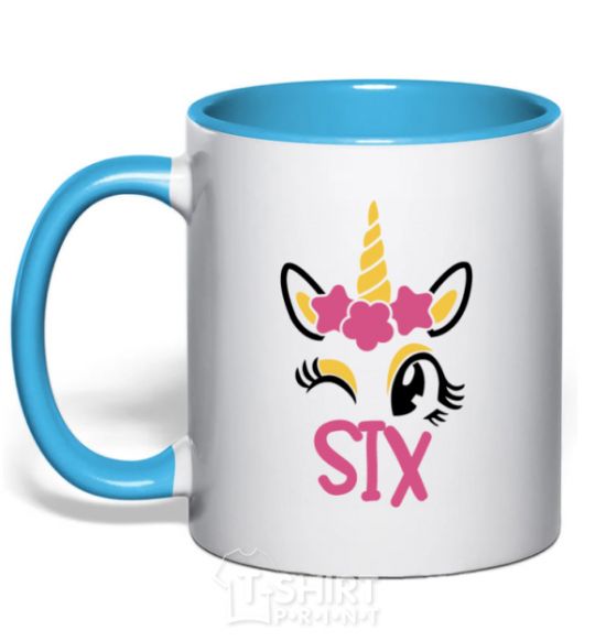 Mug with a colored handle Six unicorn sky-blue фото