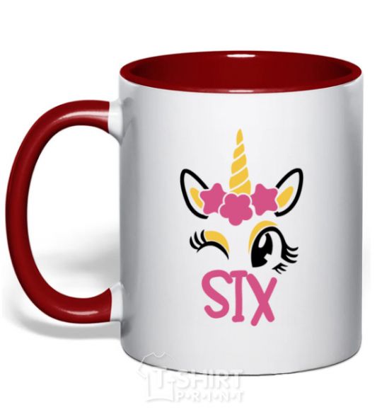 Mug with a colored handle Six unicorn red фото