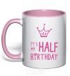 Mug with a colored handle It's my half birthday crown light-pink фото