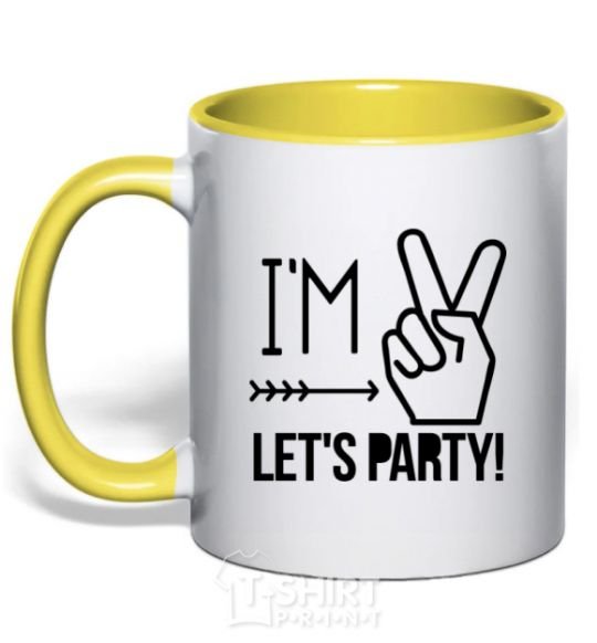 Mug with a colored handle I am two let's party yellow фото