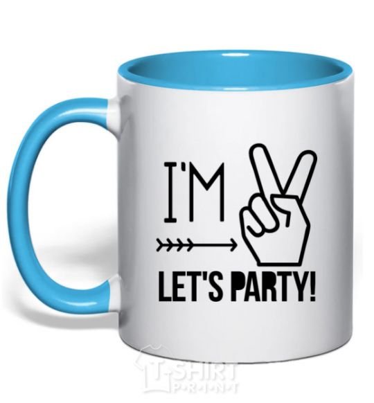 Mug with a colored handle I am two let's party sky-blue фото