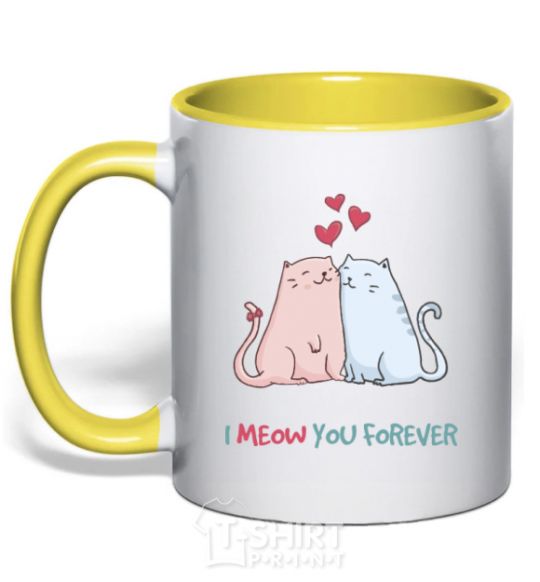 Mug with a colored handle I meow you forever yellow фото