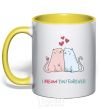 Mug with a colored handle I meow you forever yellow фото