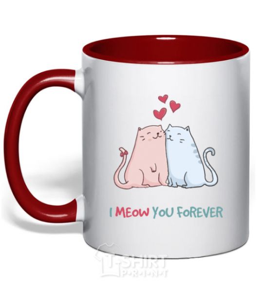 Mug with a colored handle I meow you forever red фото