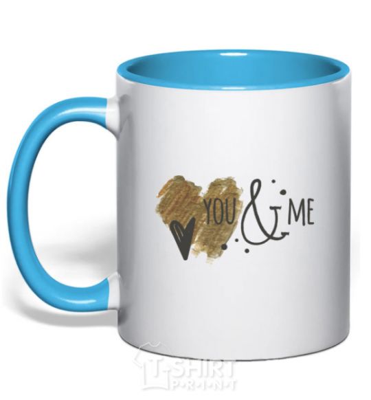 Mug with a colored handle You and me sky-blue фото