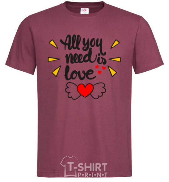 Men's T-Shirt All you need is love Heart with wings burgundy фото