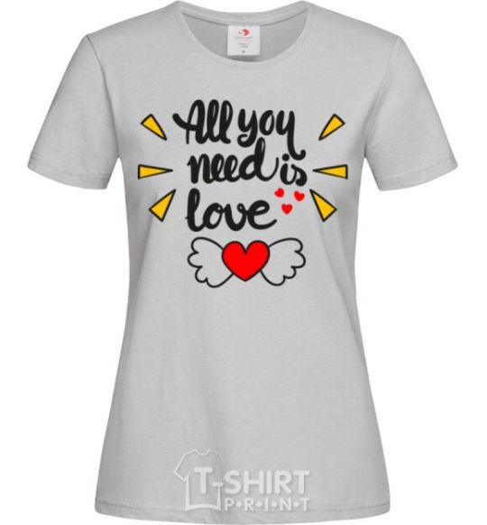 Women's T-shirt All you need is love Heart with wings grey фото