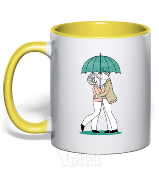 Mug with a colored handle Couple in the rain yellow фото