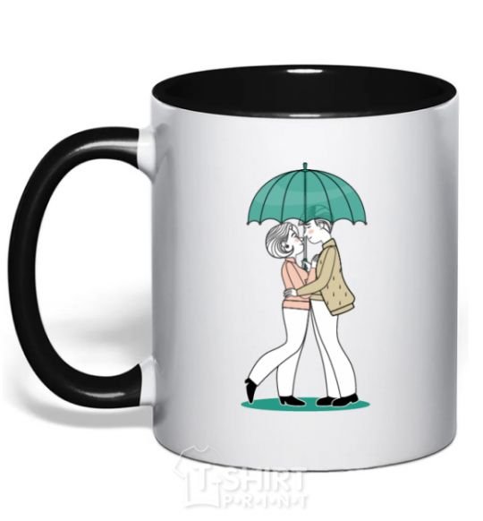 Mug with a colored handle Couple in the rain black фото