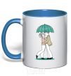 Mug with a colored handle Couple in the rain royal-blue фото