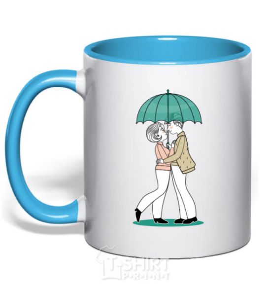 Mug with a colored handle Couple in the rain sky-blue фото