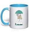Mug with a colored handle Couple in the rain sky-blue фото