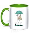 Mug with a colored handle Couple in the rain kelly-green фото