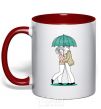 Mug with a colored handle Couple in the rain red фото