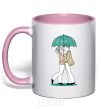 Mug with a colored handle Couple in the rain light-pink фото