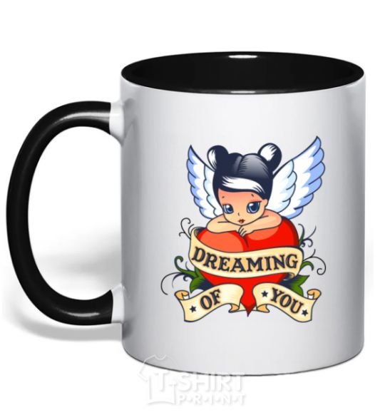Mug with a colored handle Dreaming about you black фото