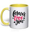 Mug with a colored handle Forever love you yellow фото