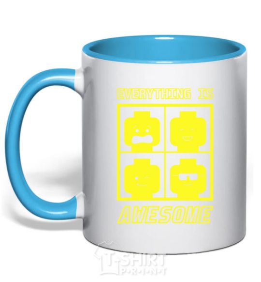 Mug with a colored handle Everything is awesome sky-blue фото