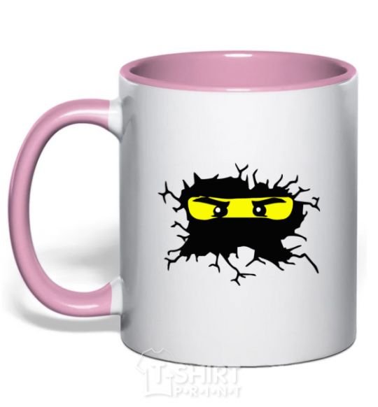 Mug with a colored handle Lego face light-pink фото