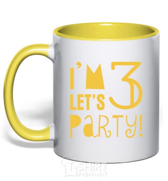 Mug with a colored handle I am 3 let is party yellow фото