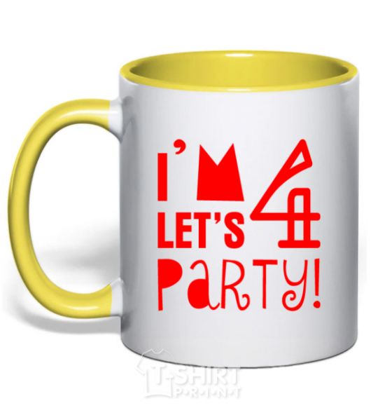 Mug with a colored handle I am 4 let is party yellow фото