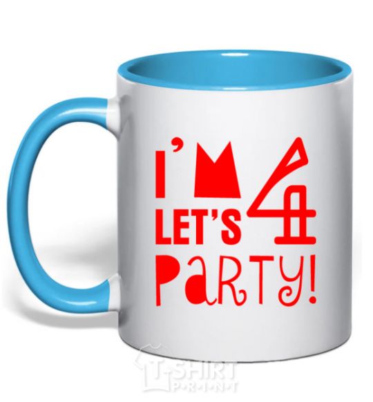 Mug with a colored handle I am 4 let is party sky-blue фото