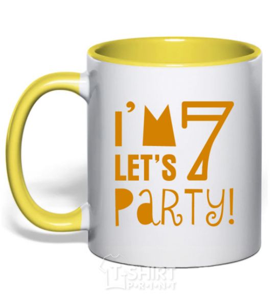 Mug with a colored handle I am 7 let is party yellow фото