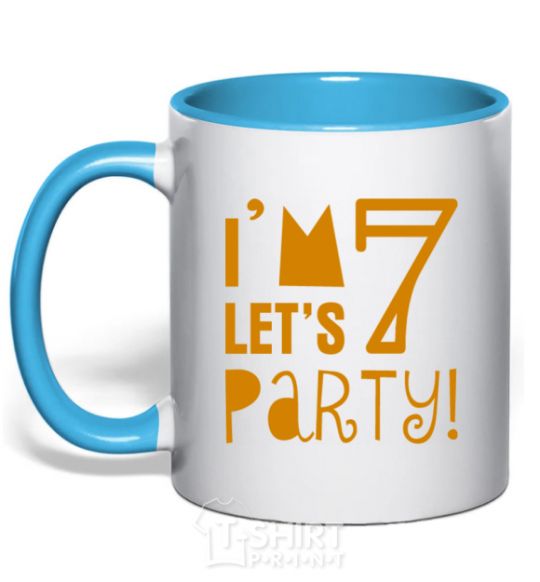 Mug with a colored handle I am 7 let is party sky-blue фото