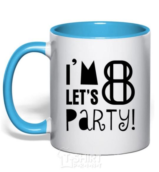 Mug with a colored handle I am 8 let is party sky-blue фото