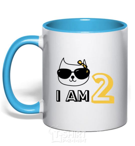 Mug with a colored handle I am 2 cat sky-blue фото