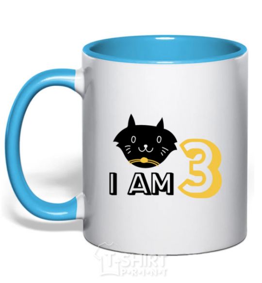 Mug with a colored handle I am 3 cat sky-blue фото