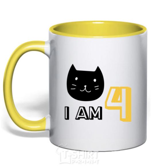 Mug with a colored handle I am 4 cat yellow фото