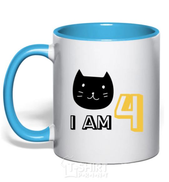Mug with a colored handle I am 4 cat sky-blue фото