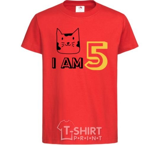 Kids T-shirt I am 5 cat red фото