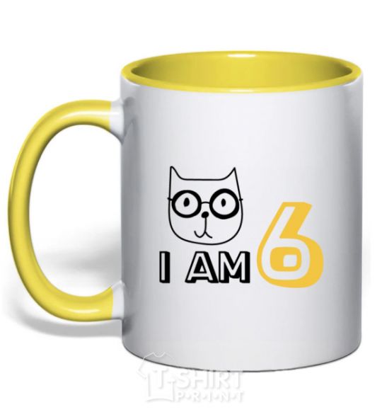 Mug with a colored handle I am 6 cat yellow фото