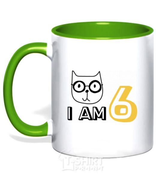 Mug with a colored handle I am 6 cat kelly-green фото