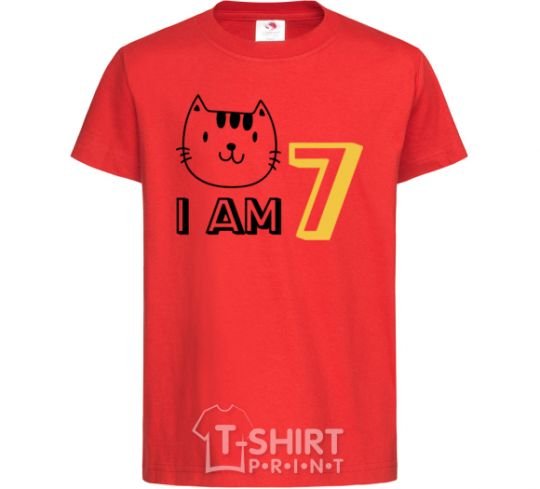 Kids T-shirt I am 7 cat red фото