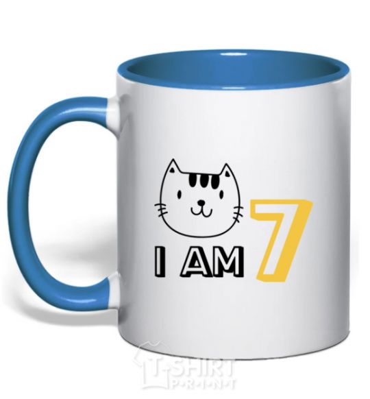 Mug with a colored handle I am 7 cat royal-blue фото