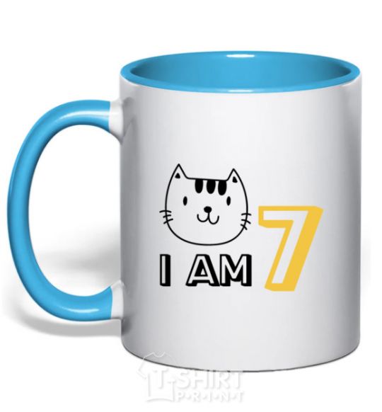 Mug with a colored handle I am 7 cat sky-blue фото