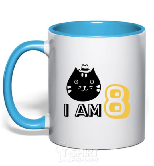 Mug with a colored handle I am 8 cat sky-blue фото