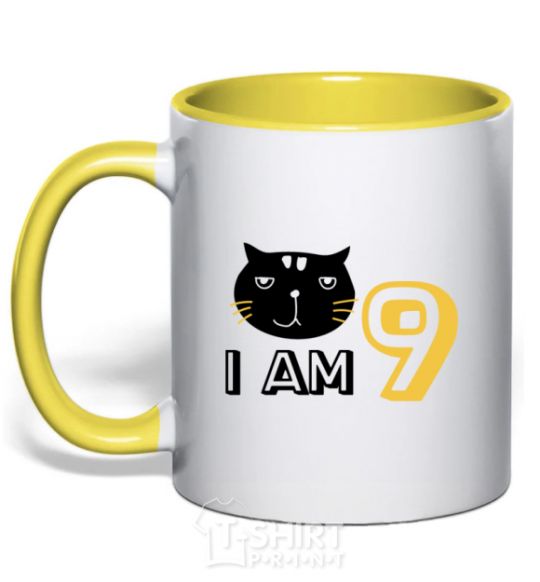 Mug with a colored handle I am 9 cat yellow фото