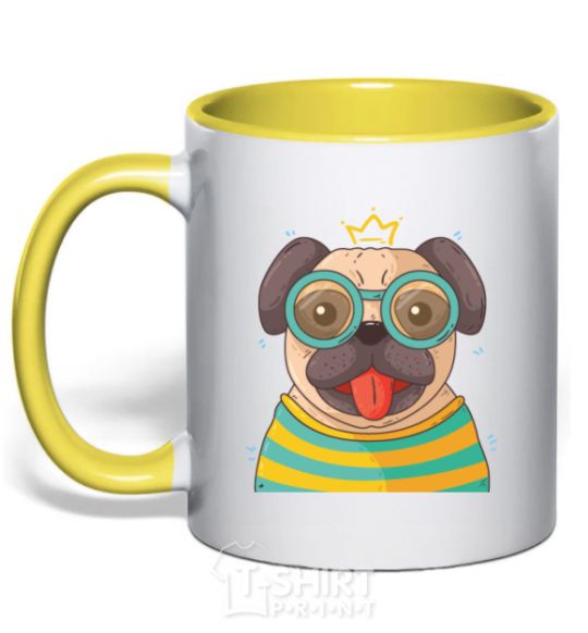 Mug with a colored handle Fun pug yellow фото