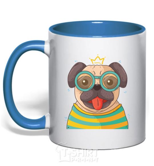 Mug with a colored handle Fun pug royal-blue фото